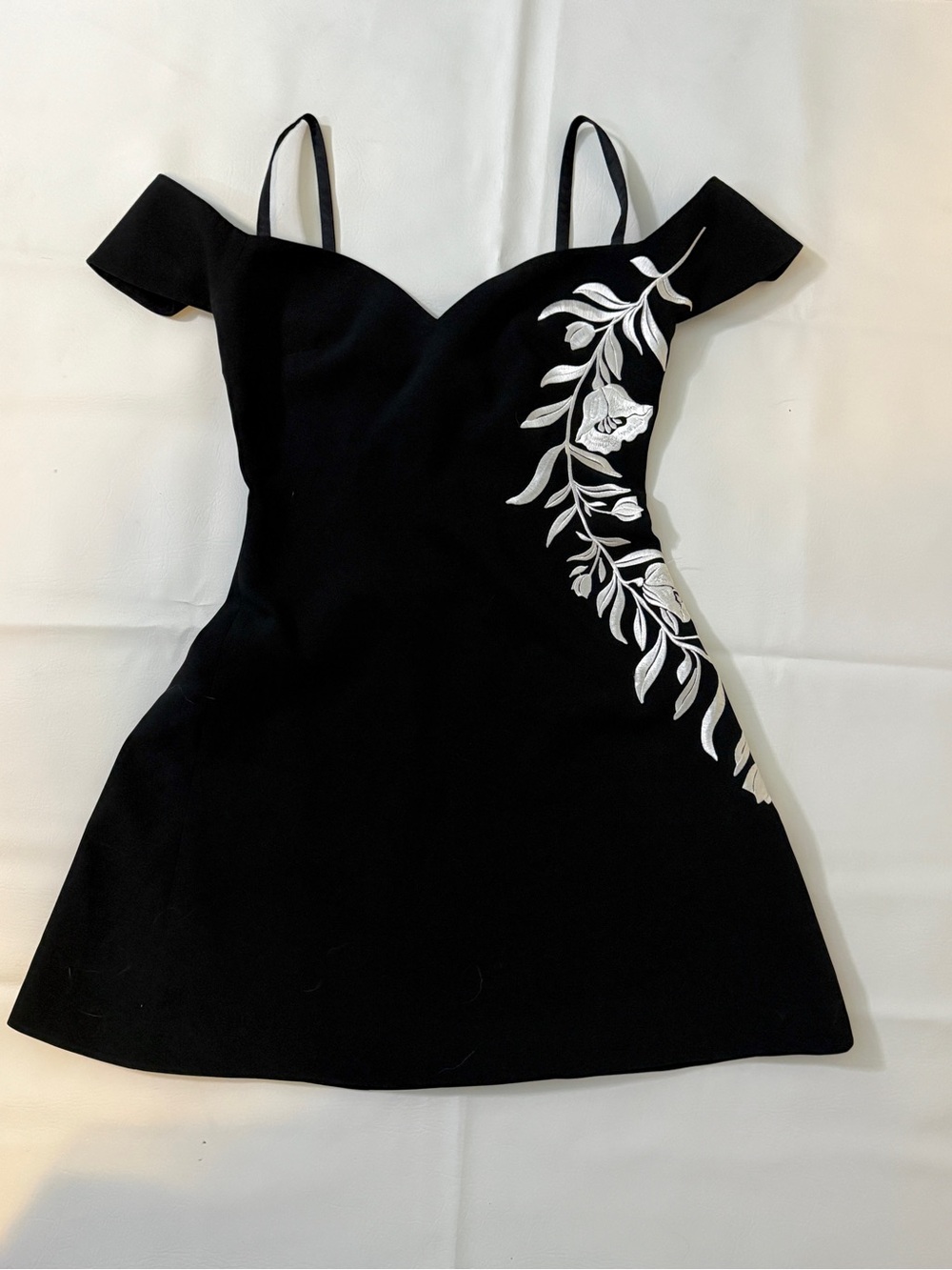 cinq a sept Black Mini Dress with White Floral Embroidery